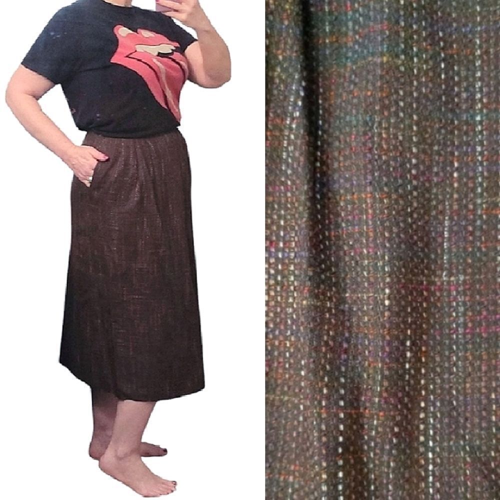 VTG 70s Brown Colorful Pleated Tweed Midi‎ Skirt Size 12 *Fits like Medium